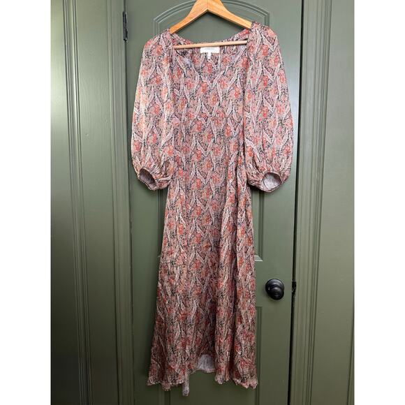 The Great. Ornate Paisley Fountain Midi V Neck Fall Balloon Sleeve Dress Sz 0 XS - Picture 3 of 10